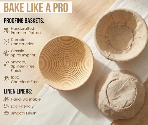 Kook Banneton Bread Proofing Basket - 12-Piece Sourdough Kit with Liners & Scrapers - 9-Inch Natural Rattan Set of 2
