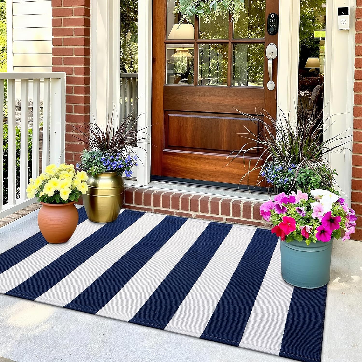 OLANLY Striped Rug - Navy & White Washable Cotton Doormat | 2'4" x 3'7" for Indoor & Outdoor Use