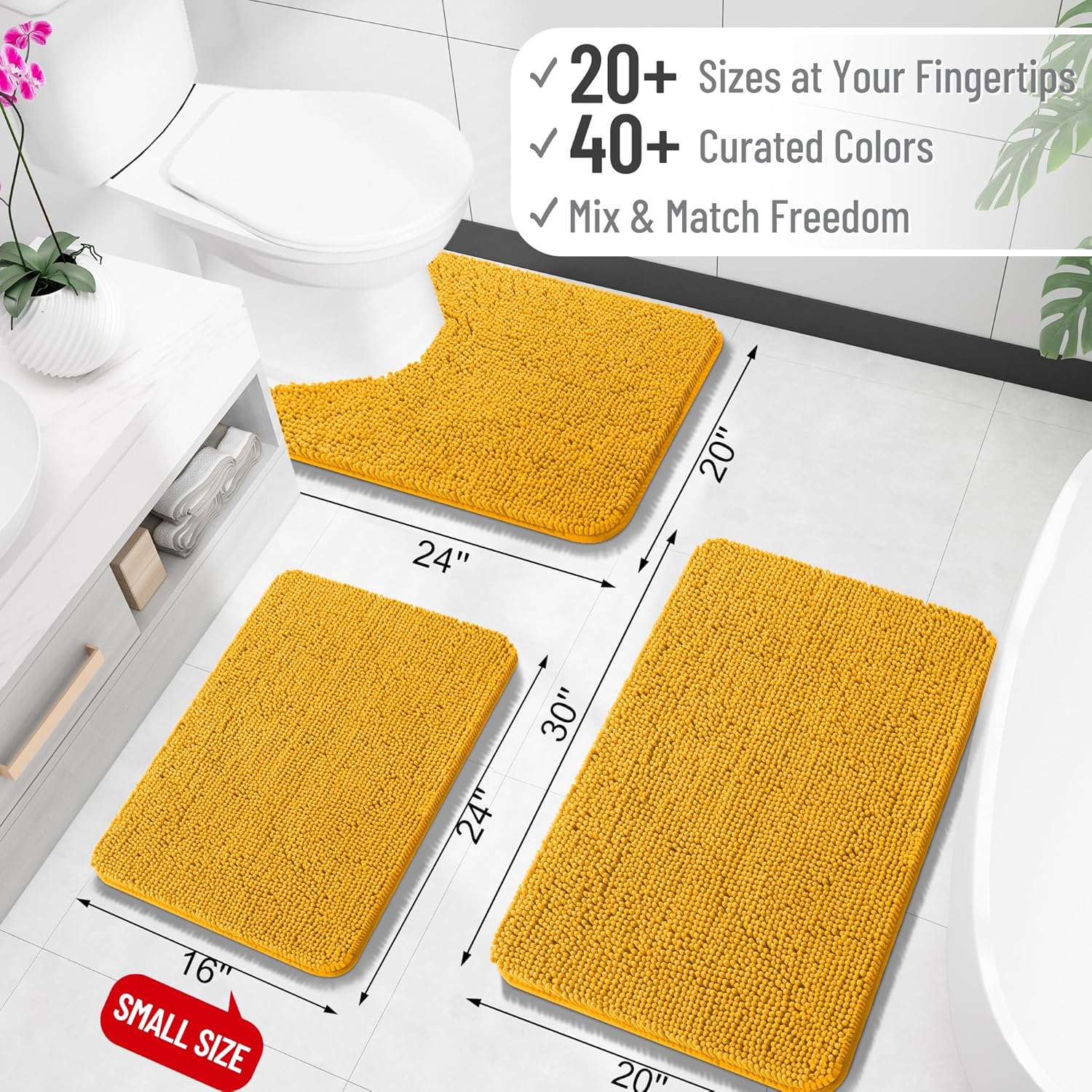 OLANLY Bathroom Runner Rug - Soft Absorbent Chenille with Rubber Backing | 47x20 Inches, Quick Dry, Golden Yellow
