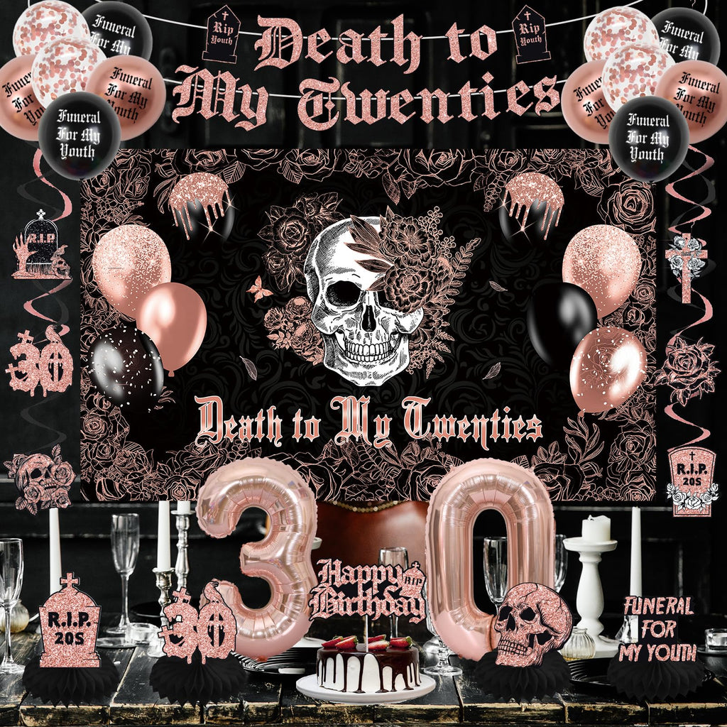 Crenics Rose Gold and Black Death to My 20s Decorations - Death to My Twenties Backdrop, Banner, Honeycomb, Sash, Hanging Swirls, Cake Topper and Balloons for 30th Birthday Party Decorations for Her