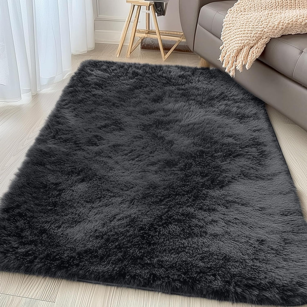 OLANLY 4x4 Soft Fluffy Shaggy Accent Rug - Machine Washable Indoor Carpet for Bedroom & Nursery, Black