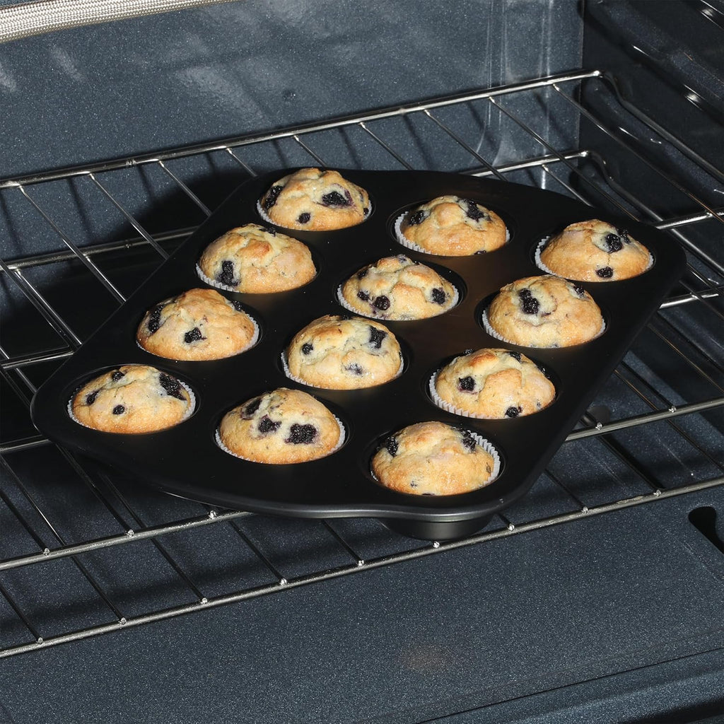 Oster Teston 12-Cup Muffin Pan - Nonstick Carbon Steel Bakeware | PFAS-Free, Easy Release, Matte Black