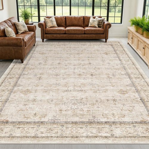 Beige Cream Area Rug 10x12 - Soft Geometric Floral Design for Living Room & Bedroom | Stain Resistant, Non-Slip