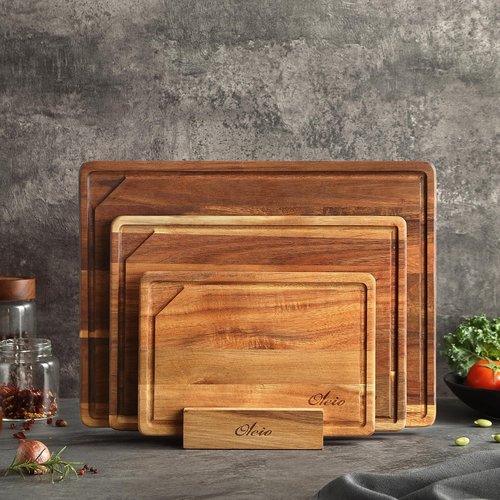 Oleio Cutting Board Set of 3 (15.75 x 12/13 x 9.5/10 x 7 in) Solid Acacia– 0.8 in Thick Wood Chopping Board Set, Cutting Boards for Kitchen, Cutting Boards for Meat, Vegetables & Cheese
