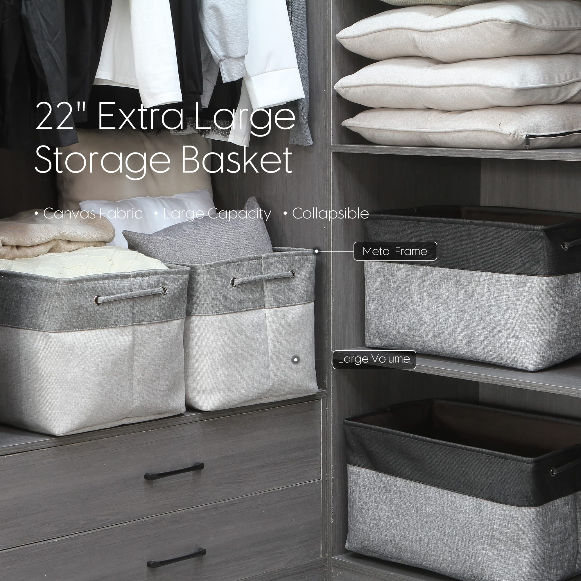 Sea Team 3-Pack Extra Large Storage Basket Set, Trunk Organizer, Clothes Toys Bin, 22 x 15 x 13 Inches, Rectangular Canvas Fabric Collapsible Shelf Box with Handles for Kids Room (Grey/Black)