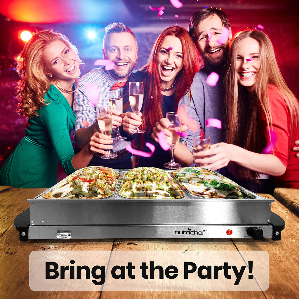 Nutrichef Professional Stainless Steel Buffet Warmer Server with 3 Trays - Portable Hot Plate Food Warmer Station for Parties & Events - Easy to Clean - 3 See-Through lids - Max Temperature 175F