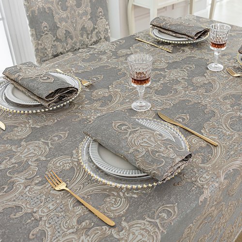 Loom and Mill Grey Damask Tablecloth 60 x 120 Inches, Thick Chenille Jacquard Rectangle Table Cover with Handmade Tassels for Dining Room Christmas Banquet Decorations (Grey, 60"x120")