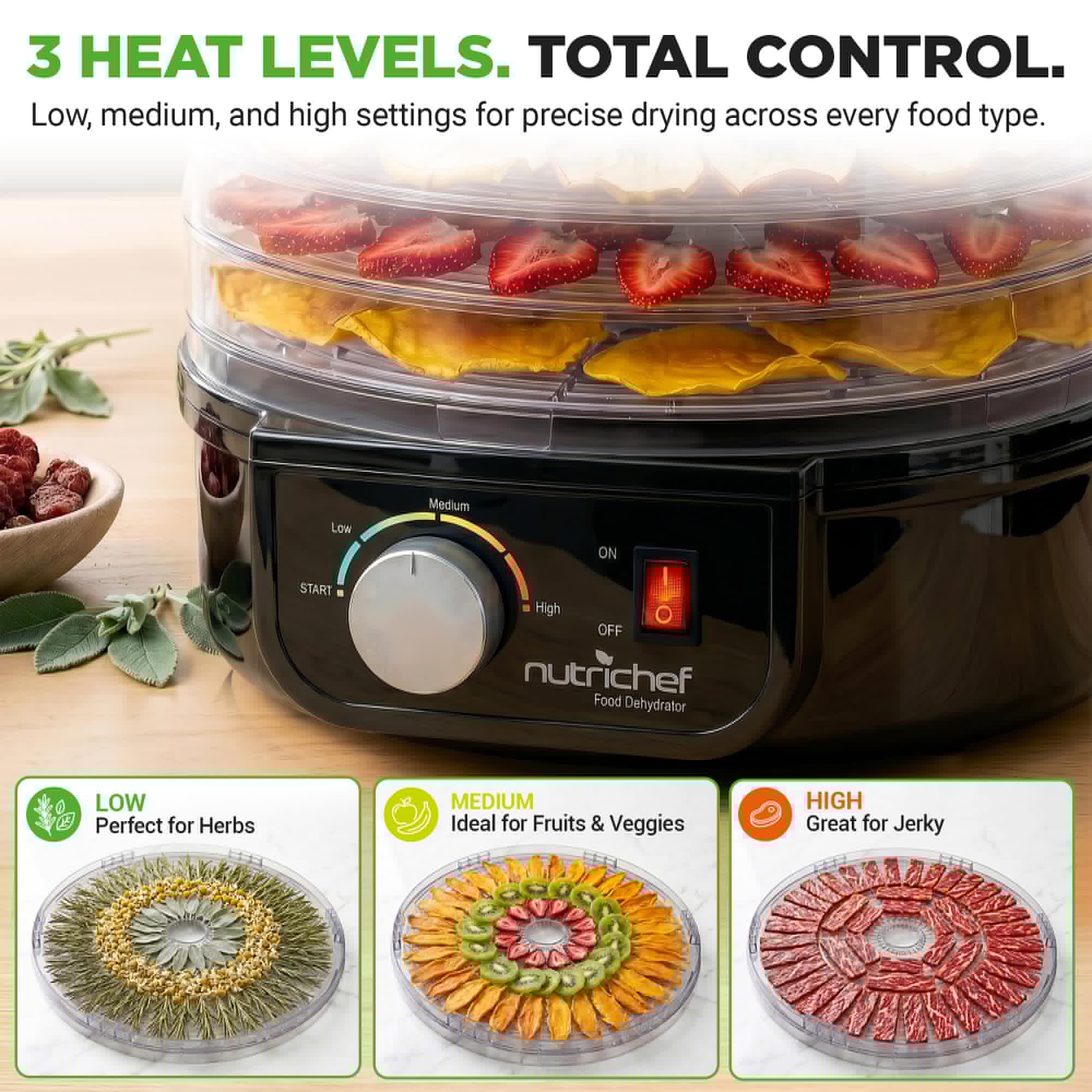 Nutrichef Electric Countertop Food Dehydrator | Professional Multi-Tier Food Preserver | Dehydrate Fish, Beef Jerky, Meats, Mushrooms, Fruits & Vegetables | 5 Stackable Trays for Easy Cleaning