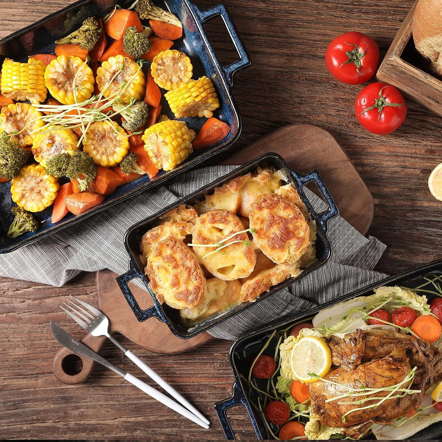 VICRAYS Ceramic Bakeware Set - Porcelain Lasagna Pans for Baking & Cooking | 3-Piece, 15 x 8.5 Inches (Blue)