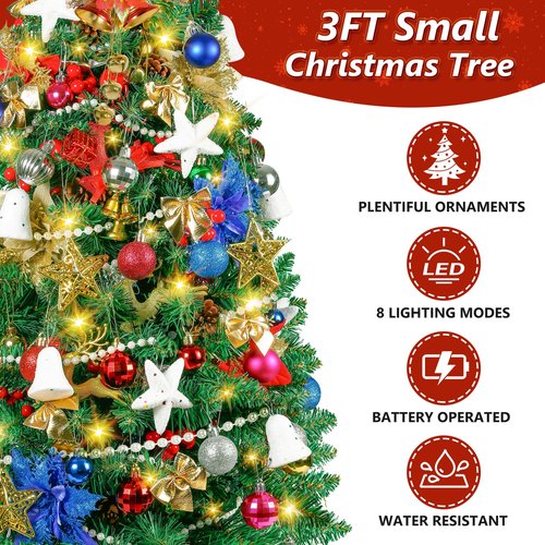 3FT Small Christmas Tree, Tabletop Christmas Trees with 80 LED Lights and 200 Lifelike Branches, Prelit Christmas Tree with 148 Ornaments, Small Xmas Tree for Holiday Indoor DIY Decor