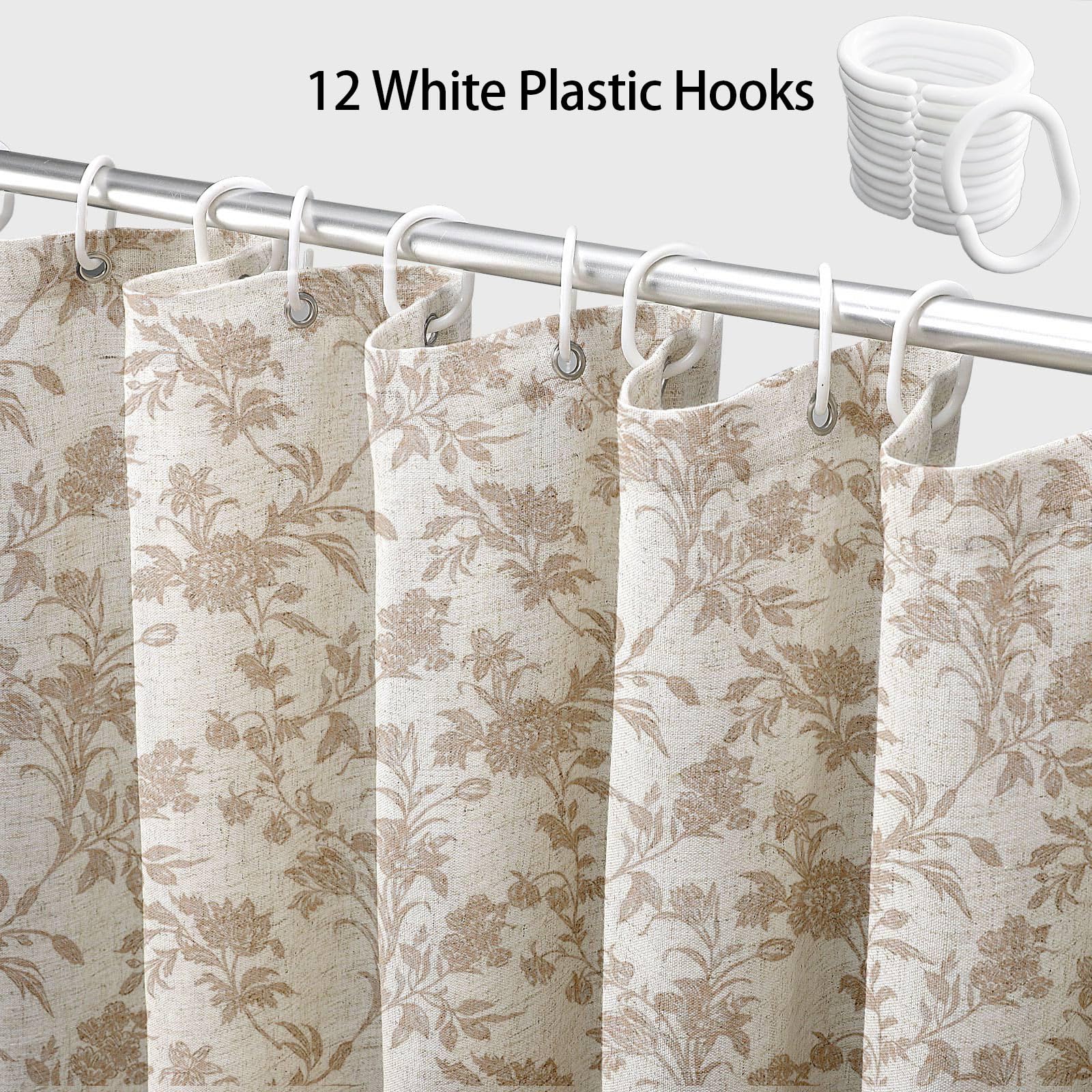 WOUVMA Extra Long Beige Shower Curtain Floral Cotton Linen Cottagecore Shower Curtain for Bathroom 84" L x 72" W