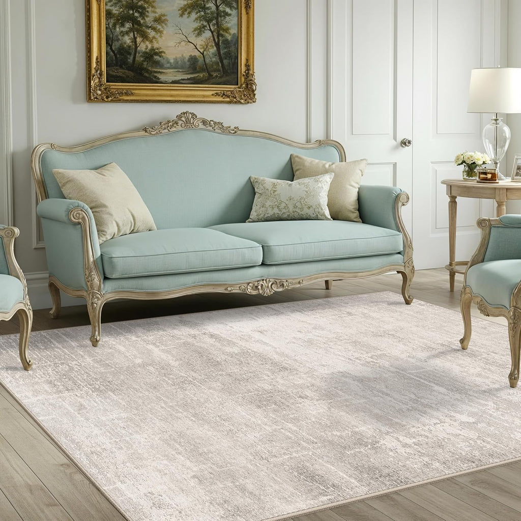 Skiennix 4x6 Living Room Area Rug - Washable Non-Slip Abstract Carpet | Stain Resistant Beige/Cream Floor Mat