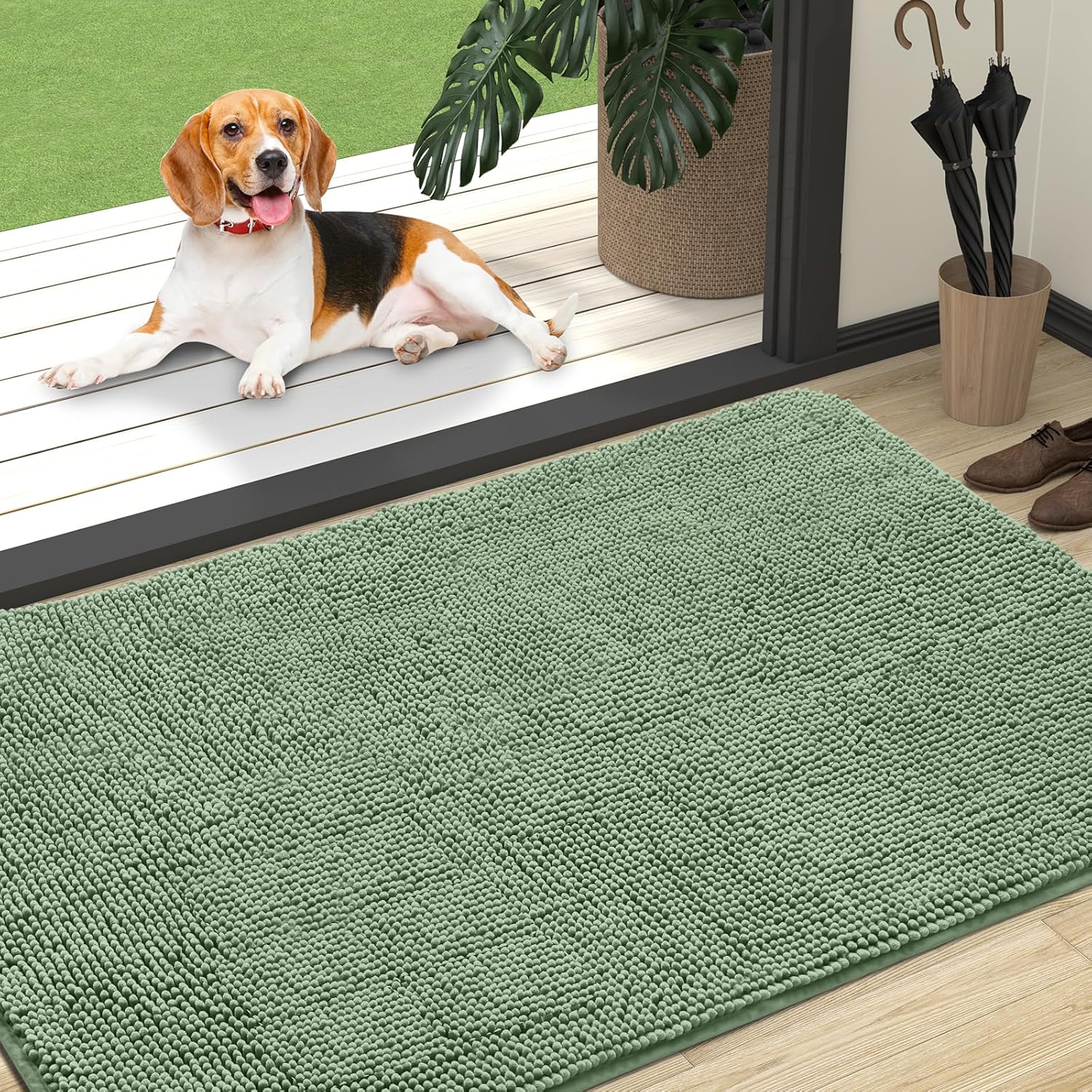 OLANLY Dog Door Mat - Absorbent Non-Slip Washable Doormat for Muddy Paws | 47x32, Olive Green