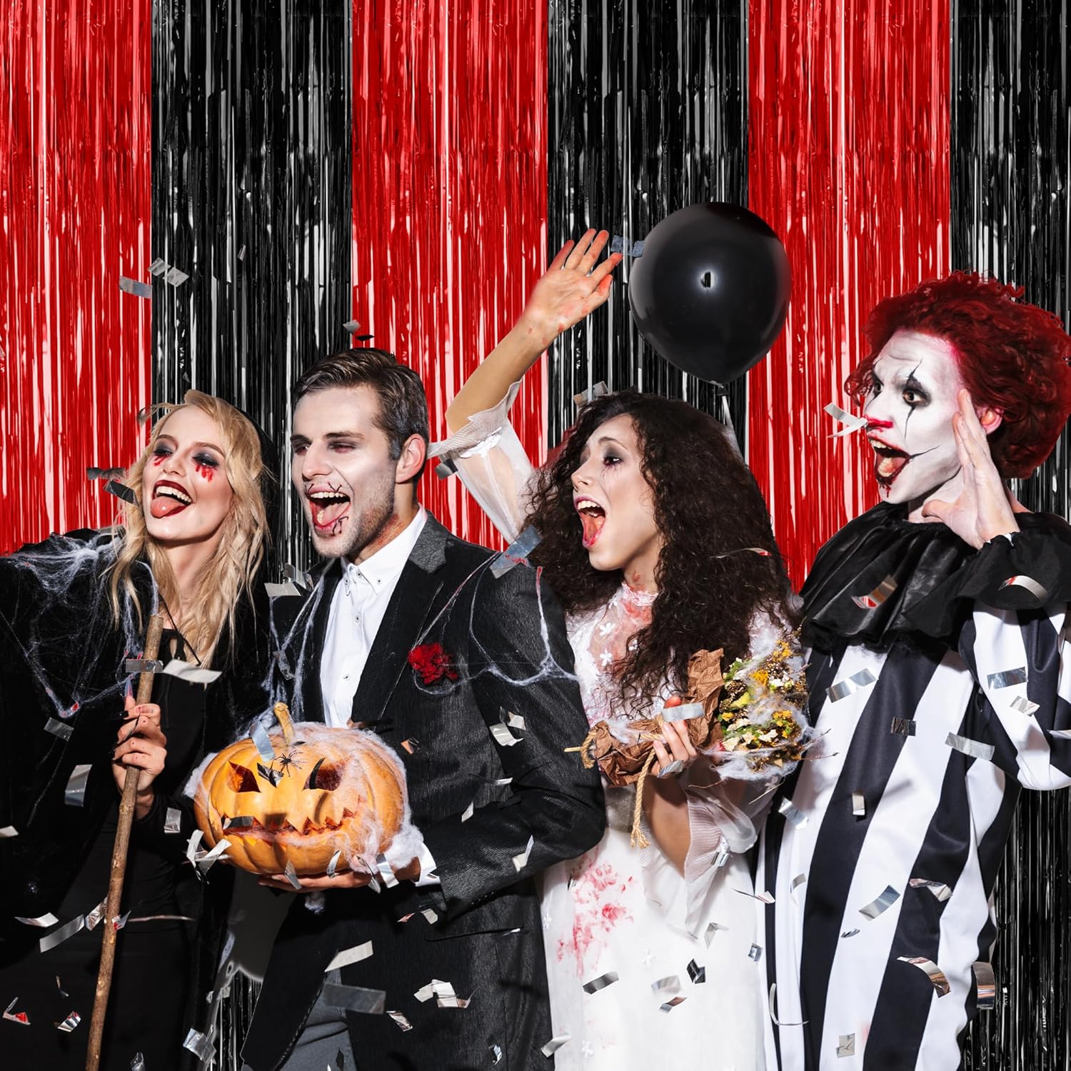 Regine Switzerland 4 Pack Halloween Wall Backdrop - Red & Black Metallic Tinsel Curtains | 3.28 FT x 7.05 FT Party Decor
