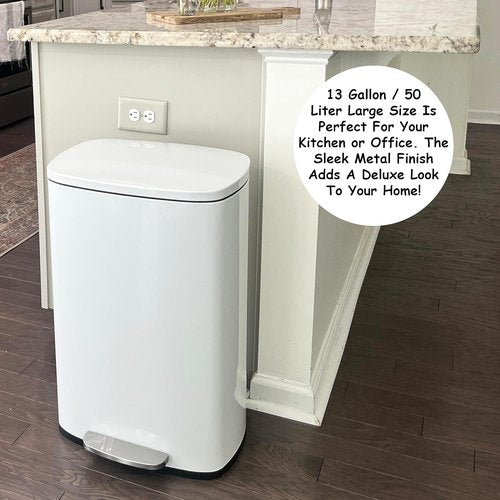 Homie 13 Gallon Kitchen Trash Can - Soft Close Lid & Anti-Bag Slip Liner | Versatile Garbage Basket in Shiny White