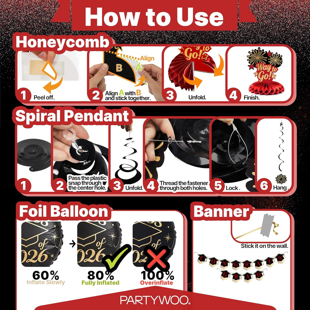 PartyWoo Graduation Decorations - Class of 2026 Supplies Set with Red Backdrop & Balloons | 40pcs