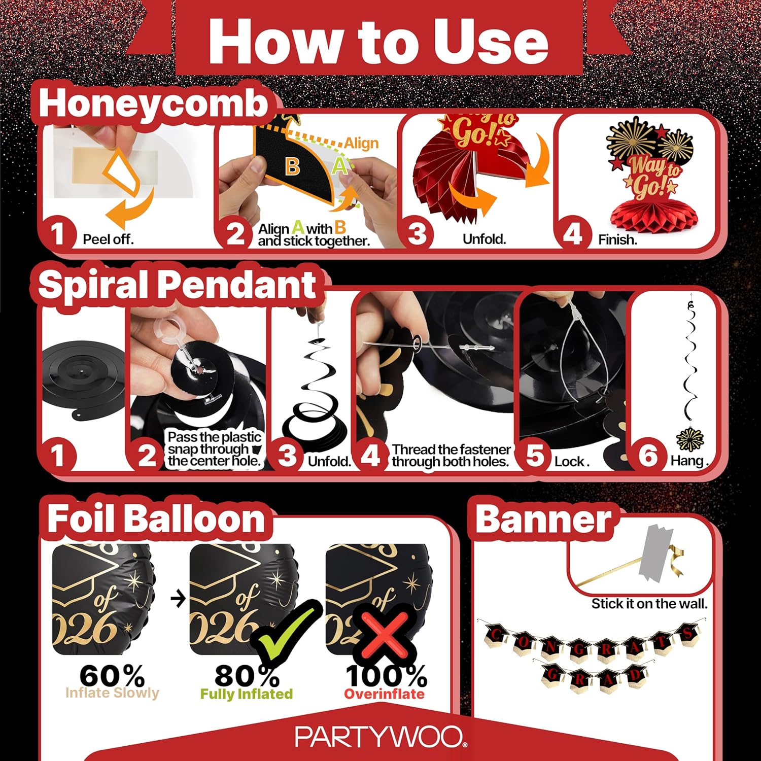 PartyWoo Graduation Decorations - Class of 2026 Supplies Set with Red Backdrop & Balloons | 40pcs
