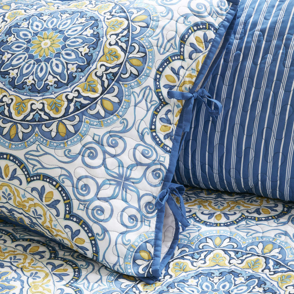 Madison Park Daybed Cover Set-Double Sided Quilting Casual Design All Season Bedding with Bedskirt, Matching Shams, Decorative Pillow, 75"x39", Medallion Blue 6 Piece