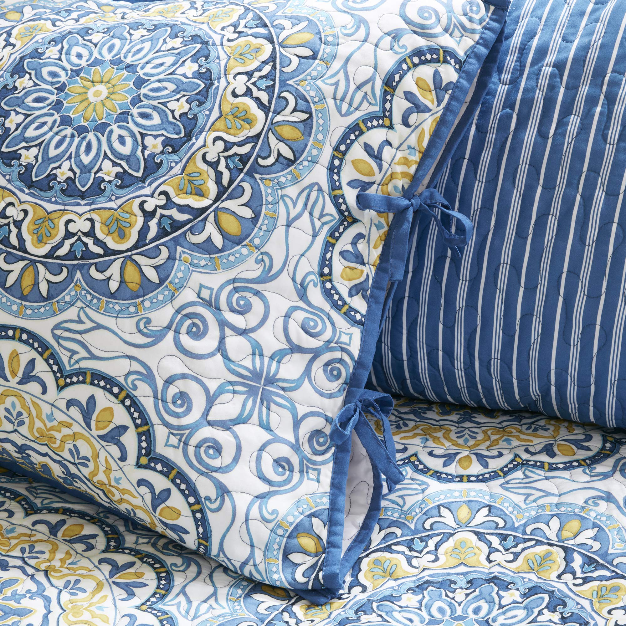 Madison Park Daybed Cover Set-Double Sided Quilting Casual Design All Season Bedding with Bedskirt, Matching Shams, Decorative Pillow, 75"x39", Medallion Blue 6 Piece