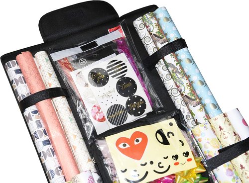 Freegrace Gift Wrap Organizer - Double-Sided 16 x 41 Inch Storage Bag for Wrapping Paper & Ribbons, Beige/Black
