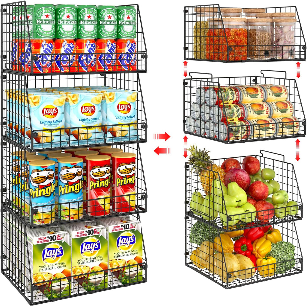 Skiennix XXL Stackable Wire Storage Baskets - Extra Large Pantry Organizer for Fruits, Vegetables & Snacks