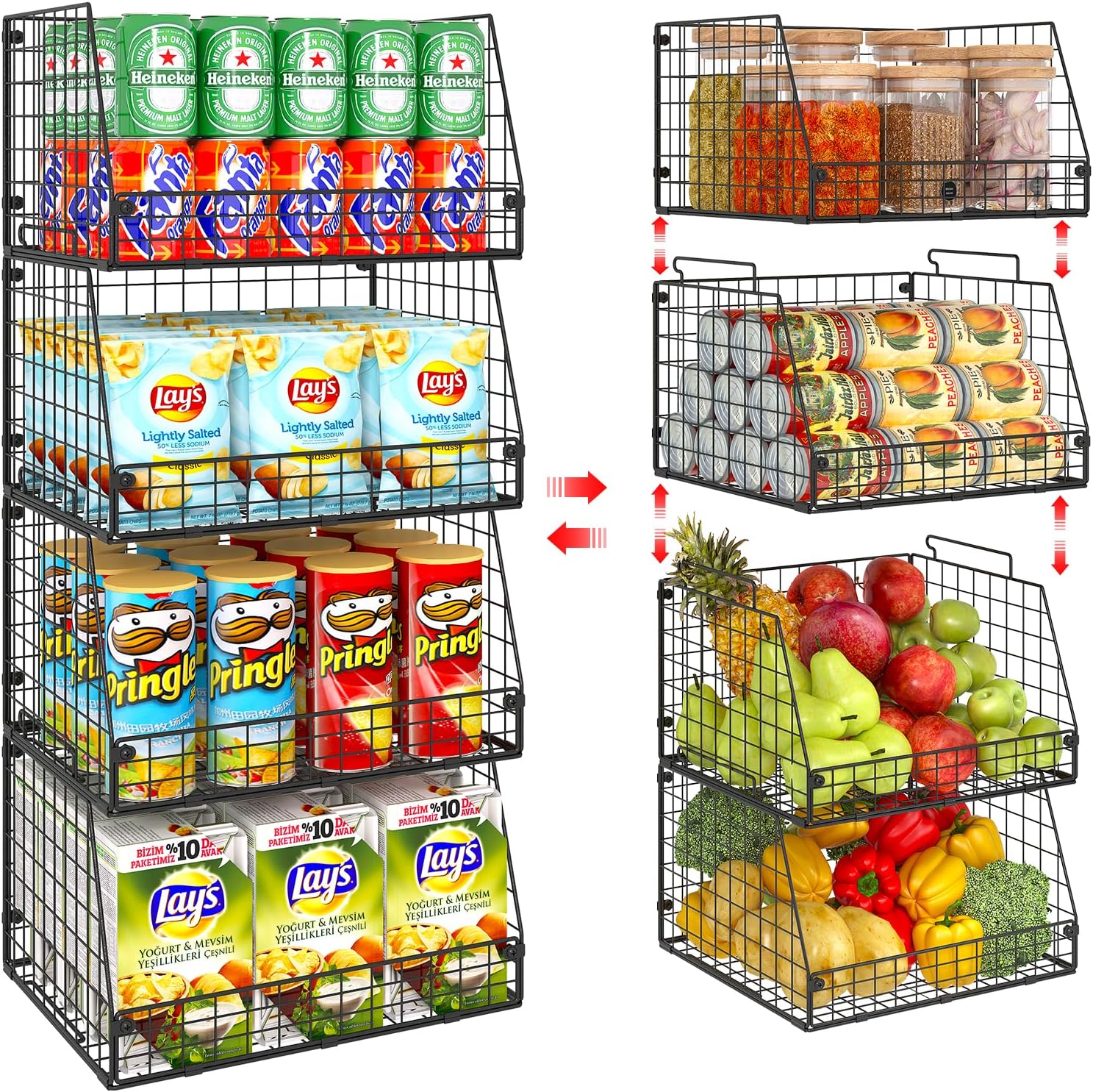 Skiennix XXL Stackable Wire Storage Baskets - Extra Large Pantry Organizer for Fruits, Vegetables & Snacks