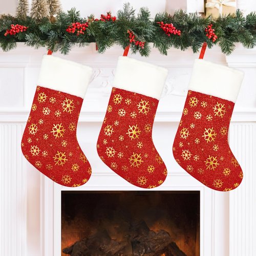 24PCS Bulk Christmas Stockings,18"Large Red Velvet with White Plush Cuff Xmas Stocking,Felt Flannel Faux Fur Stockings with Golden Snowflakes,Thickened Christmas Stockings Bulk for Fireplace Mantel