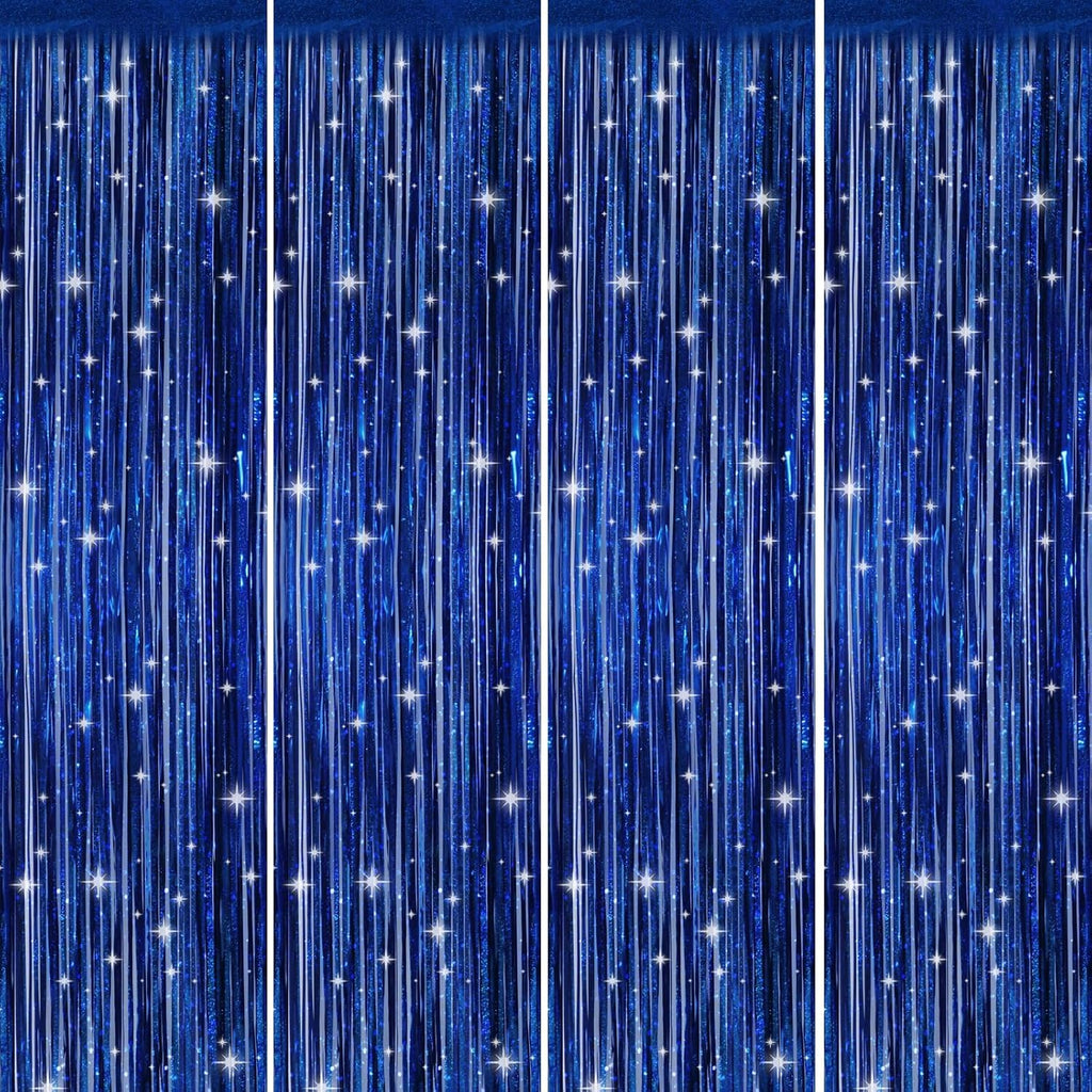 Picoway Foil Fringe Tinsel Backdrop Curtains - 4 Pack for Birthday & Bachelorette Party Decor | Blue