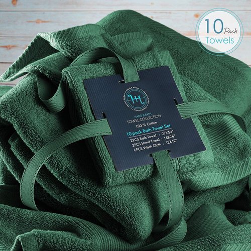 Hearth & Harbor Bath Towels - Luxury 100% Ring Spun Cotton Set of 10 | Ultra Soft & Highly Absorbent - Hunter Green
