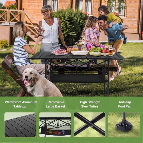 LET'S CAMP Folding Camping Table - Portable Aluminum Roll-Up Design with Adjustable Height & Large Storage Bag | Ideal for Picnics, BBQs, and Beach Outings
