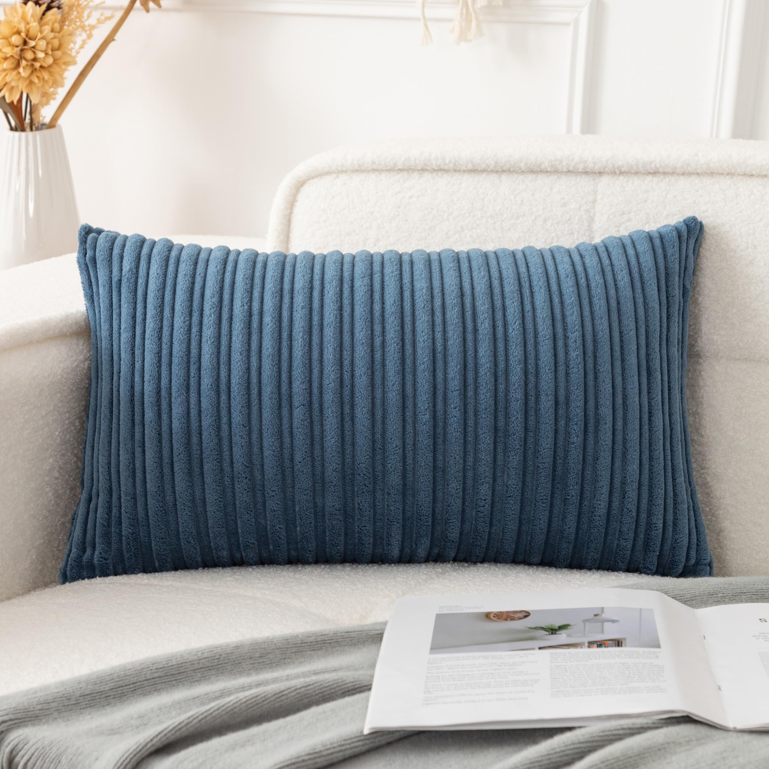 UGASA 14x24 Inch Pillow Cover Pack of 1 Soft Boho Stripe Corduroy Long Rectangular Lumbar Cushion Cover Farmhouse Decorative Throw Pillowcase for Bed, Couch, Sofa, Bedroom, Living Room, Dusty Blue