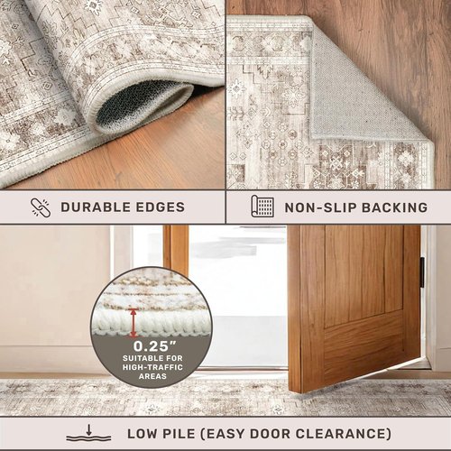 Hazo Haus Washable Area Rug - Boho Vintage Floral Design, Non-Slip & Stain Resistant | 5x8 Beige/Latte