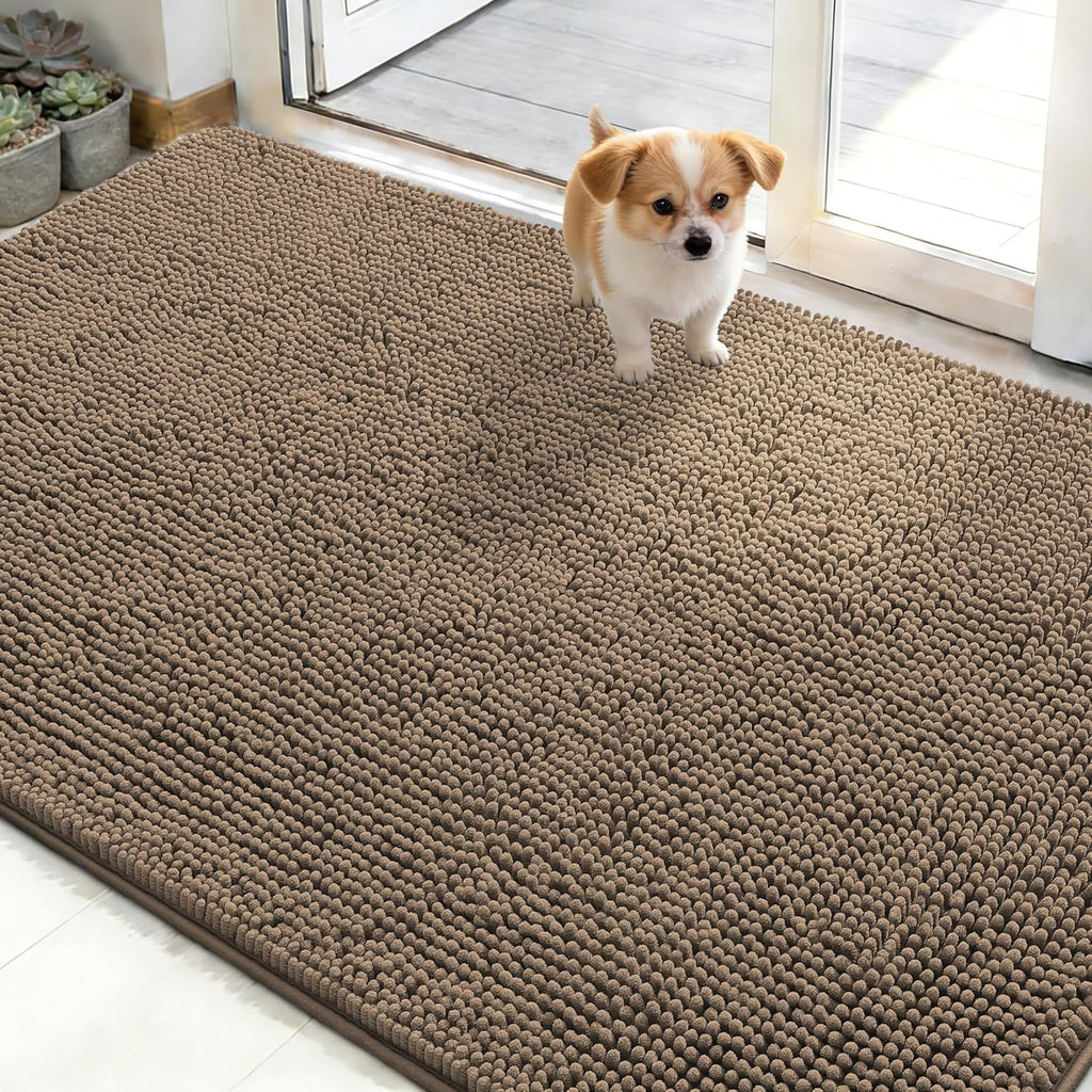 OLANLY Dog Door Mat - Absorbent Non-Slip Chenille Mat for Muddy Paws | 48x30 Inches, Tan