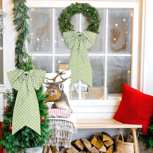 HunnmingRe Christmas Wreath Sash - 2 Pcs Green Block Print Bow | 24 x 16 Inch Holiday Decor