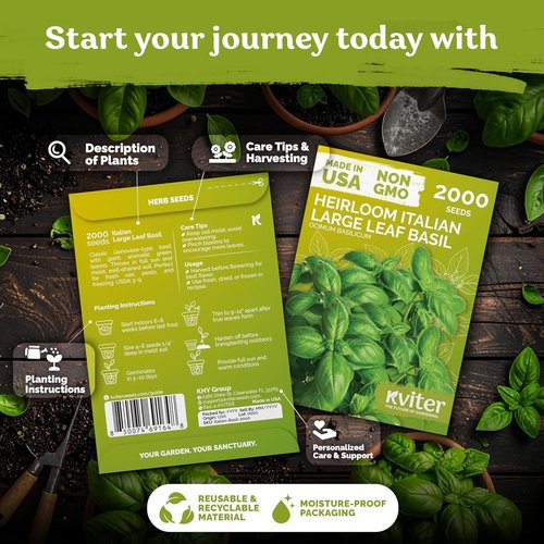 KVITER 2000 Italian Basil Seeds - Heirloom Sweet Genovese, Non-GMO for Indoor & Outdoor Gardens