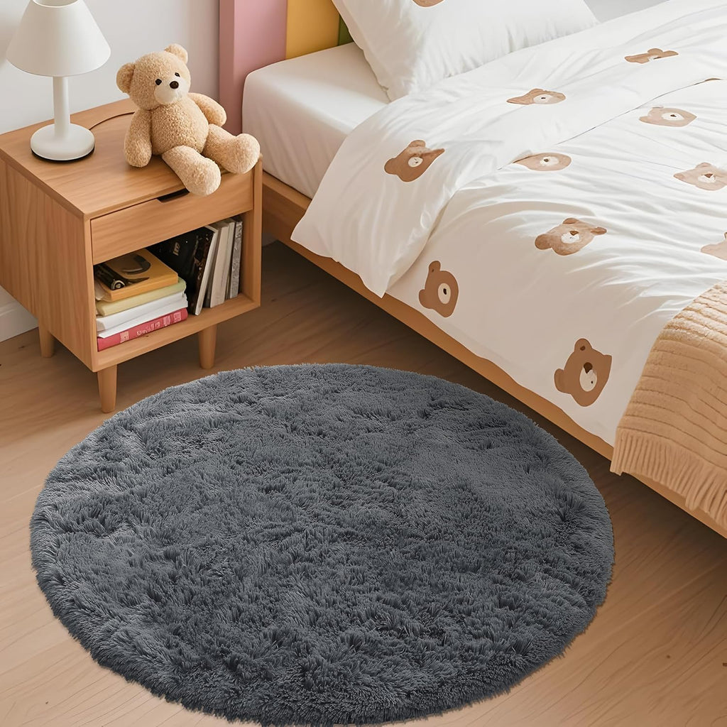 OLANLY Grey Round Area Rug - Soft, Fluffy, Machine Washable 3 ft Circle Carpet for Bedroom & Living Room