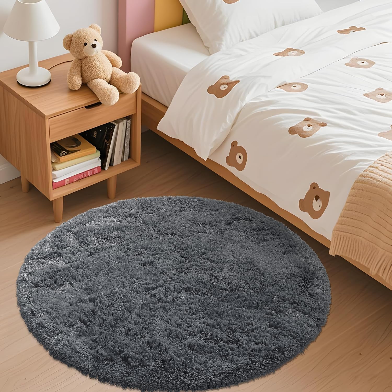OLANLY Grey Round Area Rug - Soft, Fluffy, Machine Washable 3 ft Circle Carpet for Bedroom & Living Room