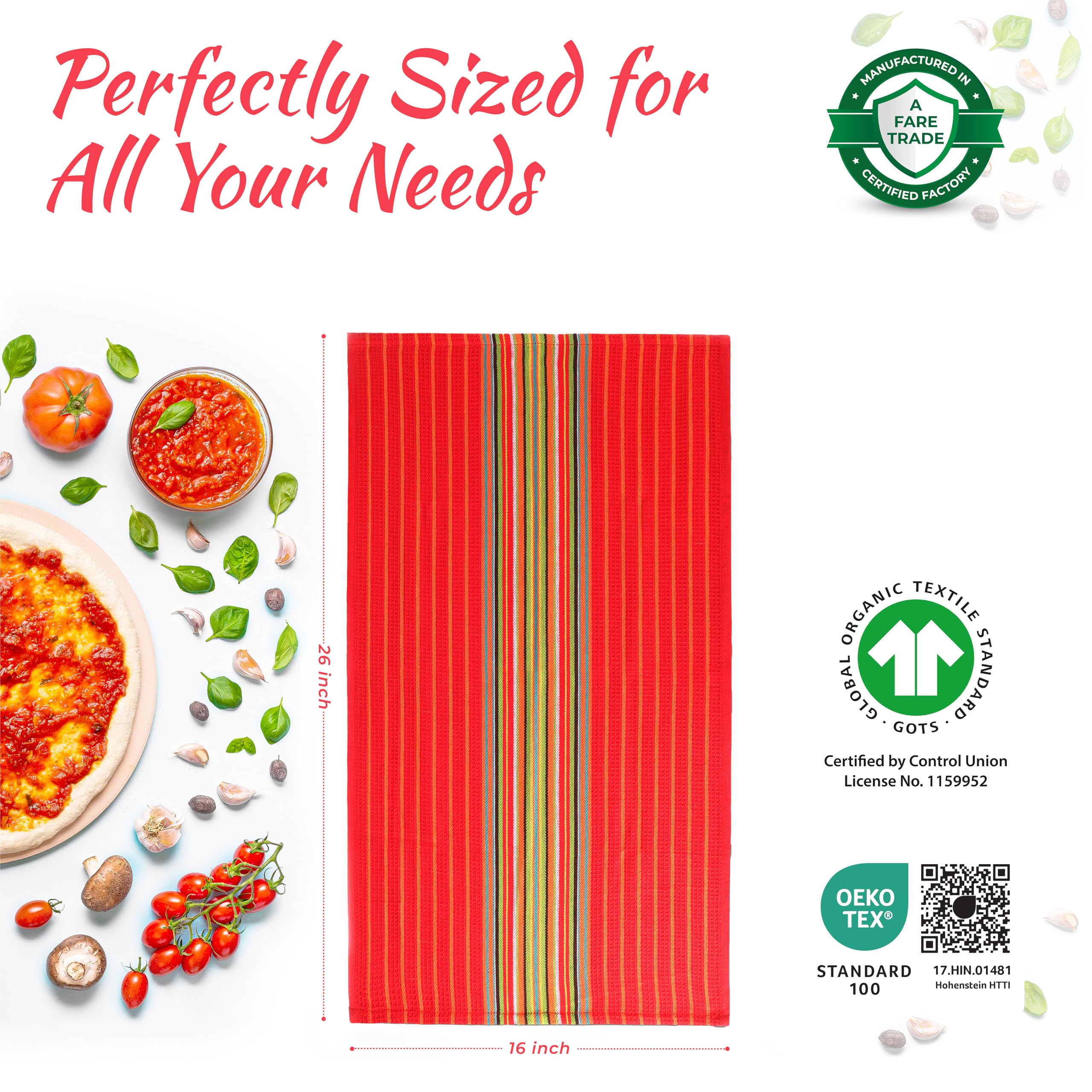 THREAD SPREAD Kitchen Dish Towels, 100% Cotton Salsa Towels, Set of 8 (16x28 Inches), Multi Purpose Cooking Drying Restaurant Bar Cleaning Cloth Napkin, Highly Absorbent, Lint Free (Red & Orange)