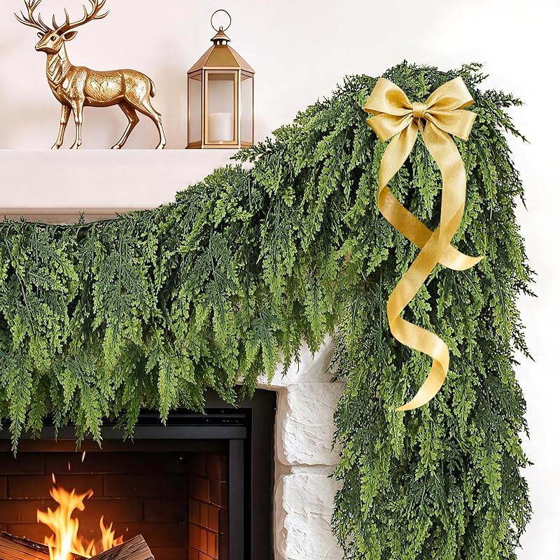Christmas Cedar Garland 6ft Real Touch Upgrade Large Branches - Lush Faux Pine for Mantle & Holiday Decor (Variation: Christmas Green+1+6ft)
