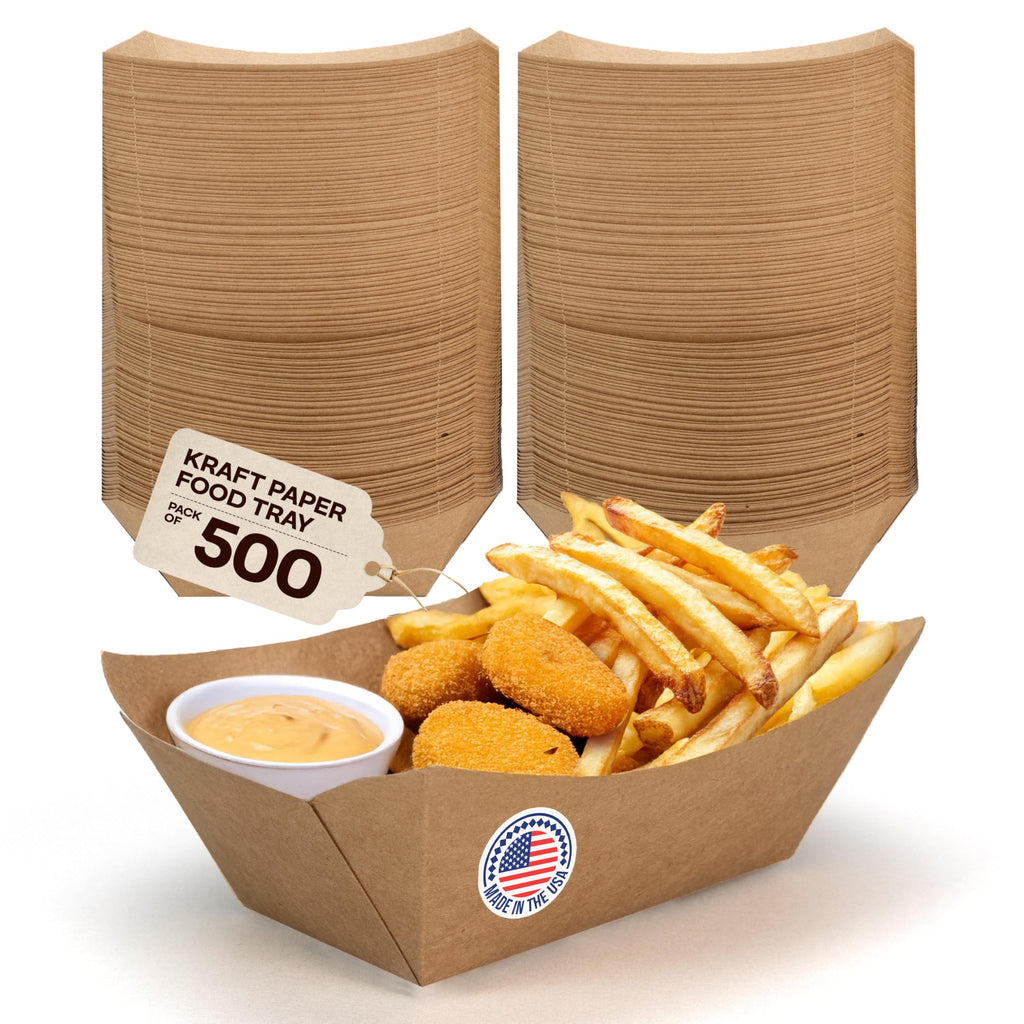 IDL Packaging 6.2" x 4.5" x 2" Kraft Paper Food Trays (Pack of 500) - USA-Made, Food-Safe Poly-Coated for Extra Moisture Resistance - Recyclable Trays for Fries, Burgers, Appetizers & Side Dishes