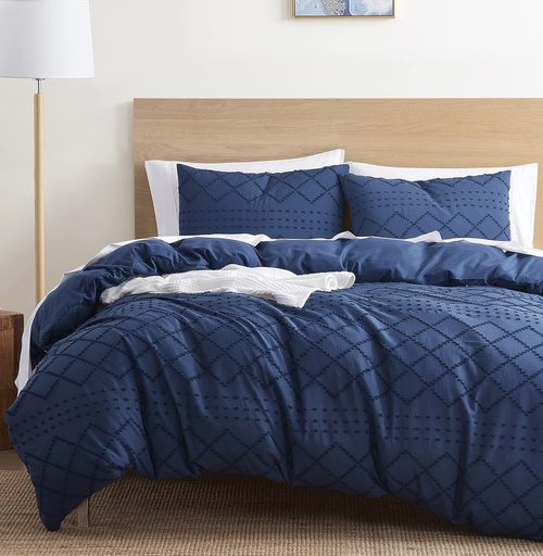 Boho Bedding Queen Duvet Cover Set - Navy Textured Tufted 3-Piece 90x90 Inches with Zipper Closure & 2 Pillow Shams