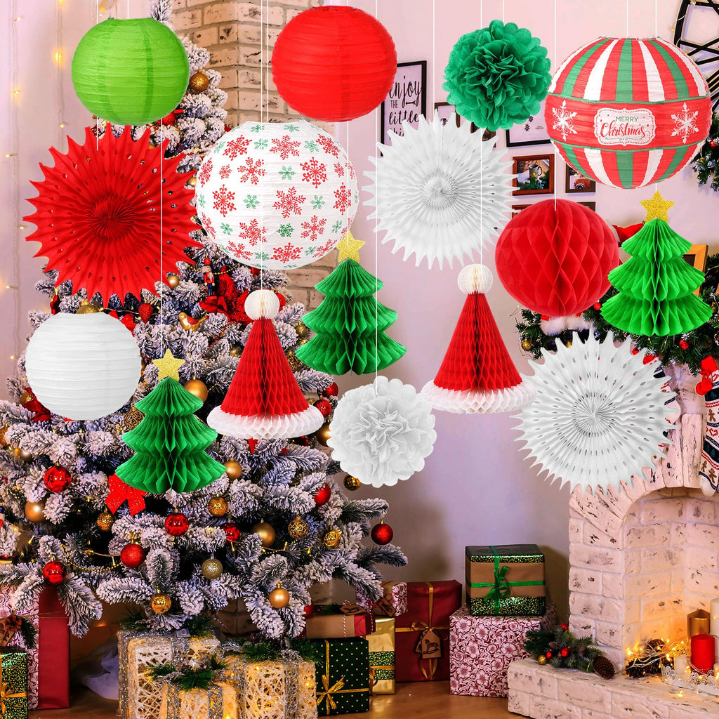 Gilprop 17 Pcs Christmas Party Hanging Decorations Xmas Paper Lanterns Paper Winter Hanging Fans Christmas Honeycombs Paper Flower Balls for Xmas Holiday Party Yard Indoor Outdoor Home Decor Supplies