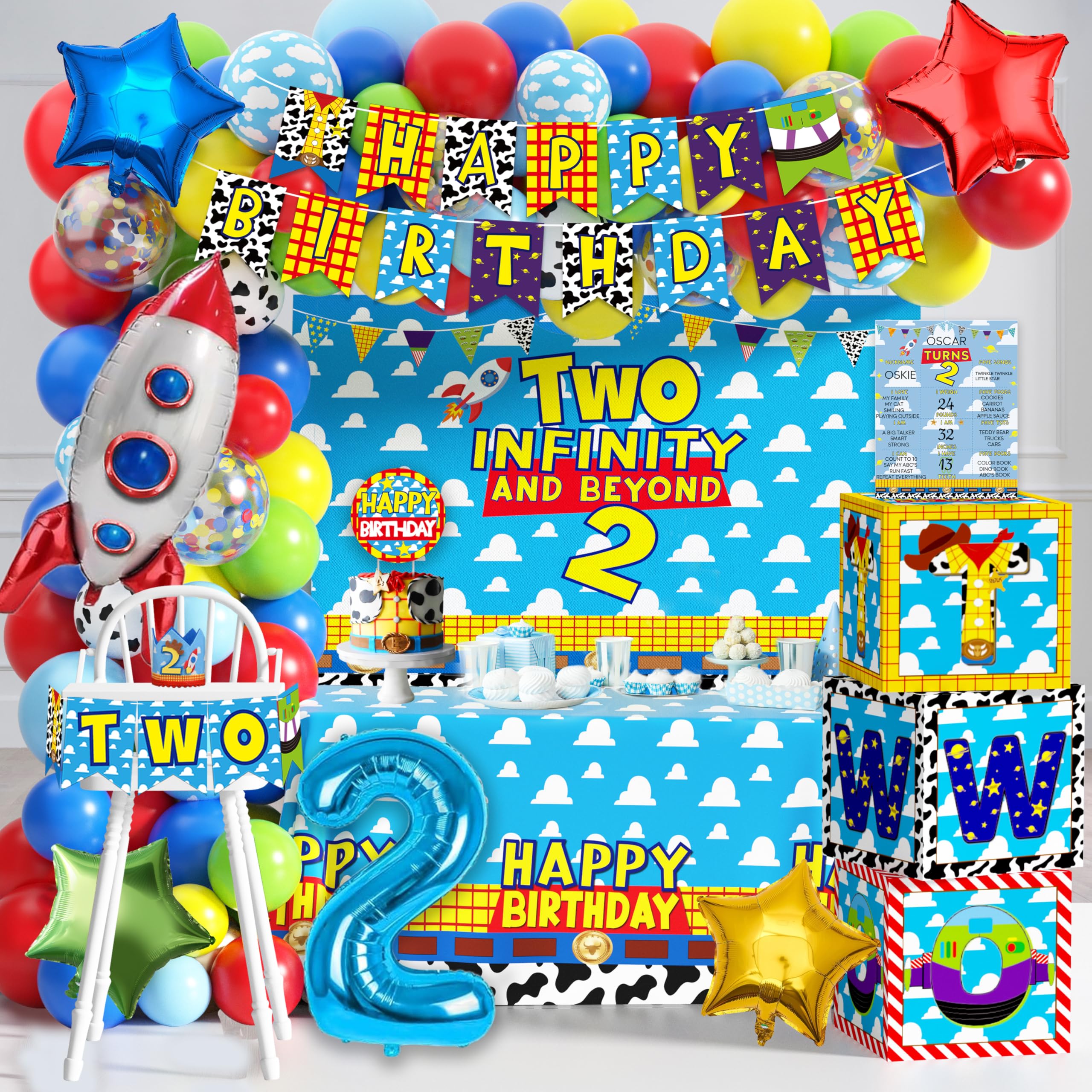 Two Infinity and Beyond Birthday Decorations Cartoon Story 2nd Birthday Party Supplies Include Balloon Arch Banner Backdrop Tablecloth Crown for Toy Themed Party Decor