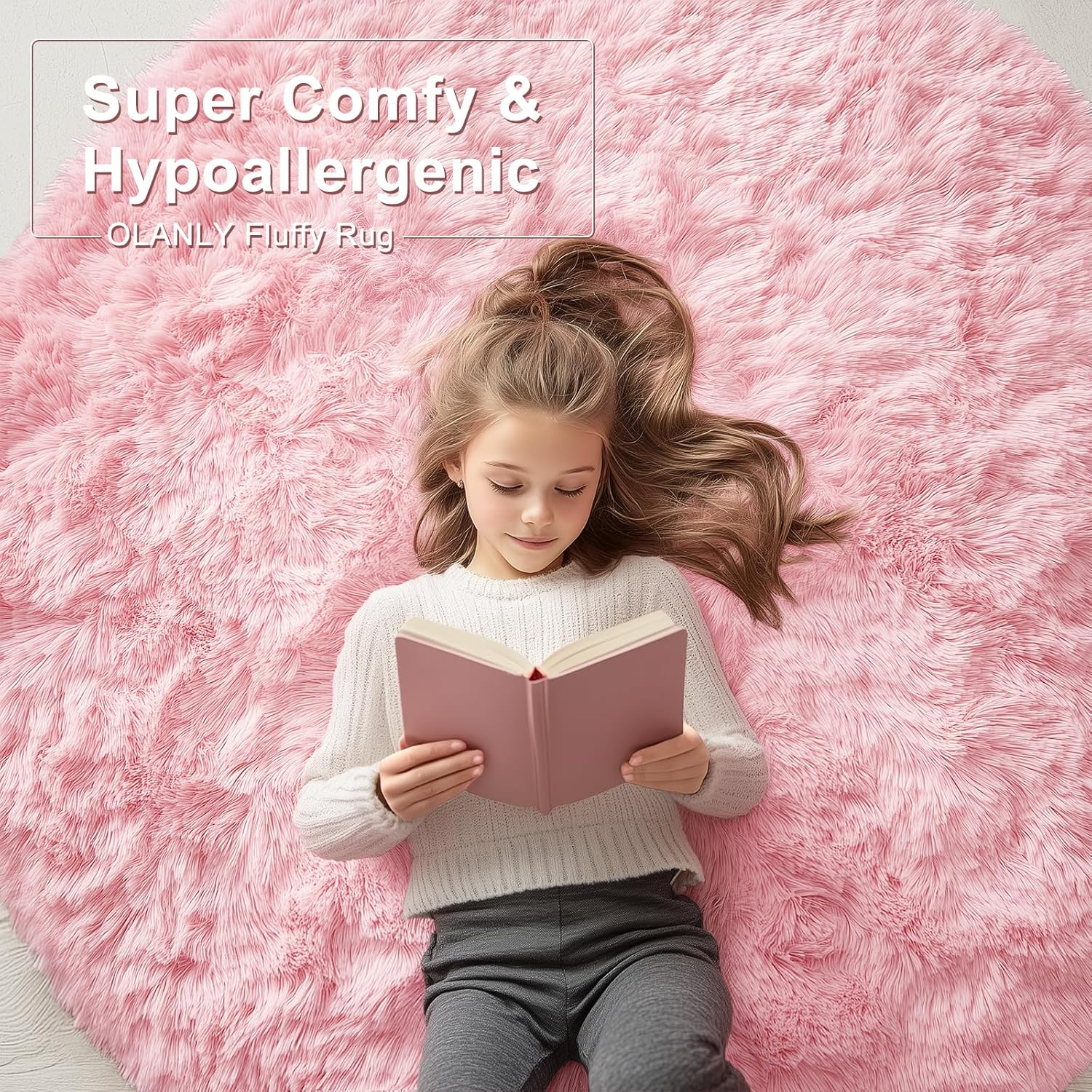 OLANLY Pink Round Rug - Soft, Fluffy Shaggy Carpet for Bedroom | 4 ft Machine Washable Area Rug
