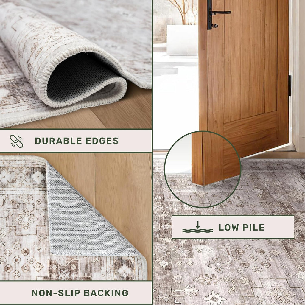 Skiennix Washable Area Rug - Large 9x12 Boho Vintage Floral Design | Non-Slip & Stain Resistant in Beige/Latte