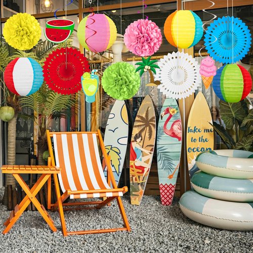 Renbuzhu 14Pcs Beach Party Decorations Paper Lanterns Fans Pom Poms Hanging Swirls - Luau Pool Summer Hawaiian Tropical Themed Decor for Home Birthday Outdoor Indoor