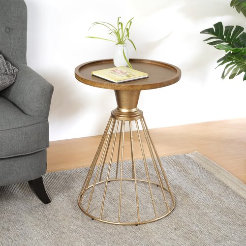 Christopher Knight Home Aurl Hollow Edge End Table, Round Side Table, Wooden Concave Tabletop, Iron Frame Side Desk, No Assembly Needed, Pine Wood Tea Desk for Living Room Home, Gold+Natural