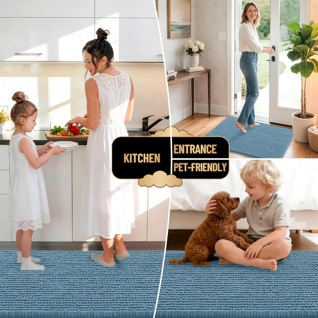 OLANLY Bath Rugs - Extra Soft Chenille, Absorbent & Non-Slip - 24x16 Inches, Airy Blue