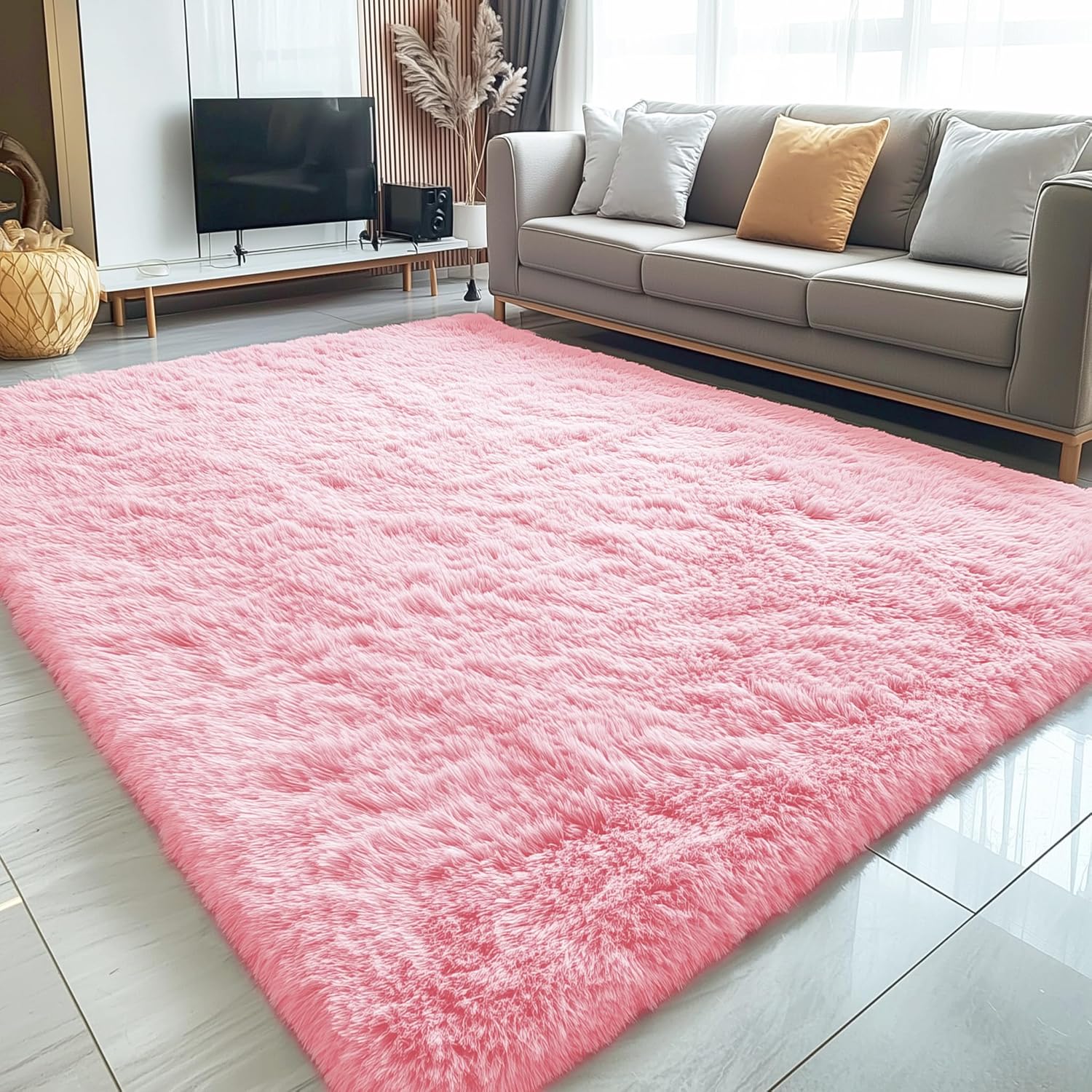OLANLY 5x7 Large Area Rug - Soft Fluffy Shaggy Indoor Carpet for Living Room & Bedroom | Pink Home Decor