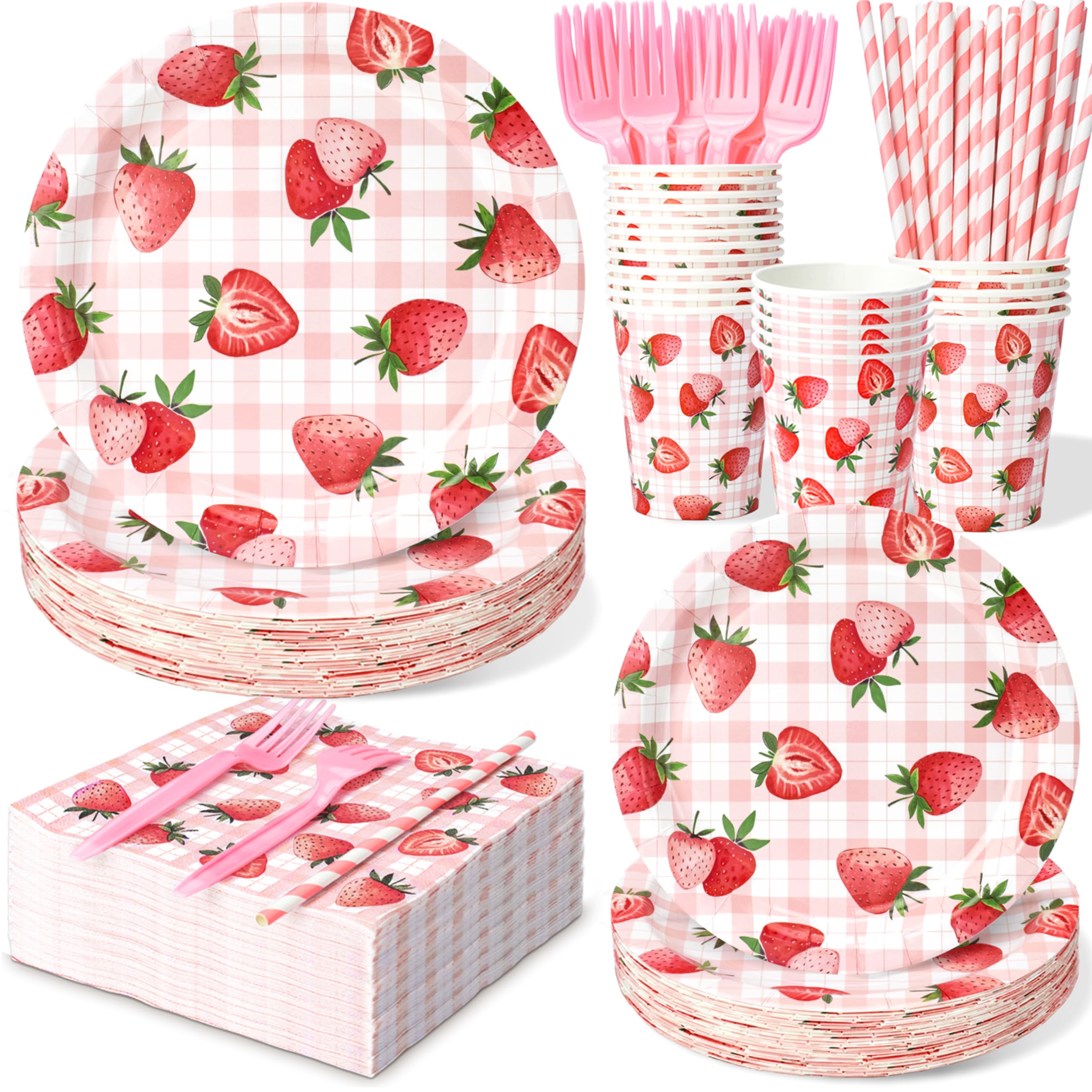 144 Pcs Strawberry Plates and Napkins Tableware Set, Plates Napkins Cups Straws and Forks Sets, Strawberry Party Birthday Supplies, Shortcake Birthday Decorations, Serves 24 Guests